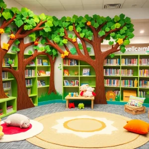 Colorful calming station for children in Detroit library with books and toys