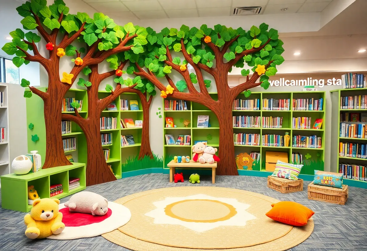 Colorful calming station for children in Detroit library with books and toys