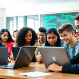 Students learning app development at CCS with Apple laptops