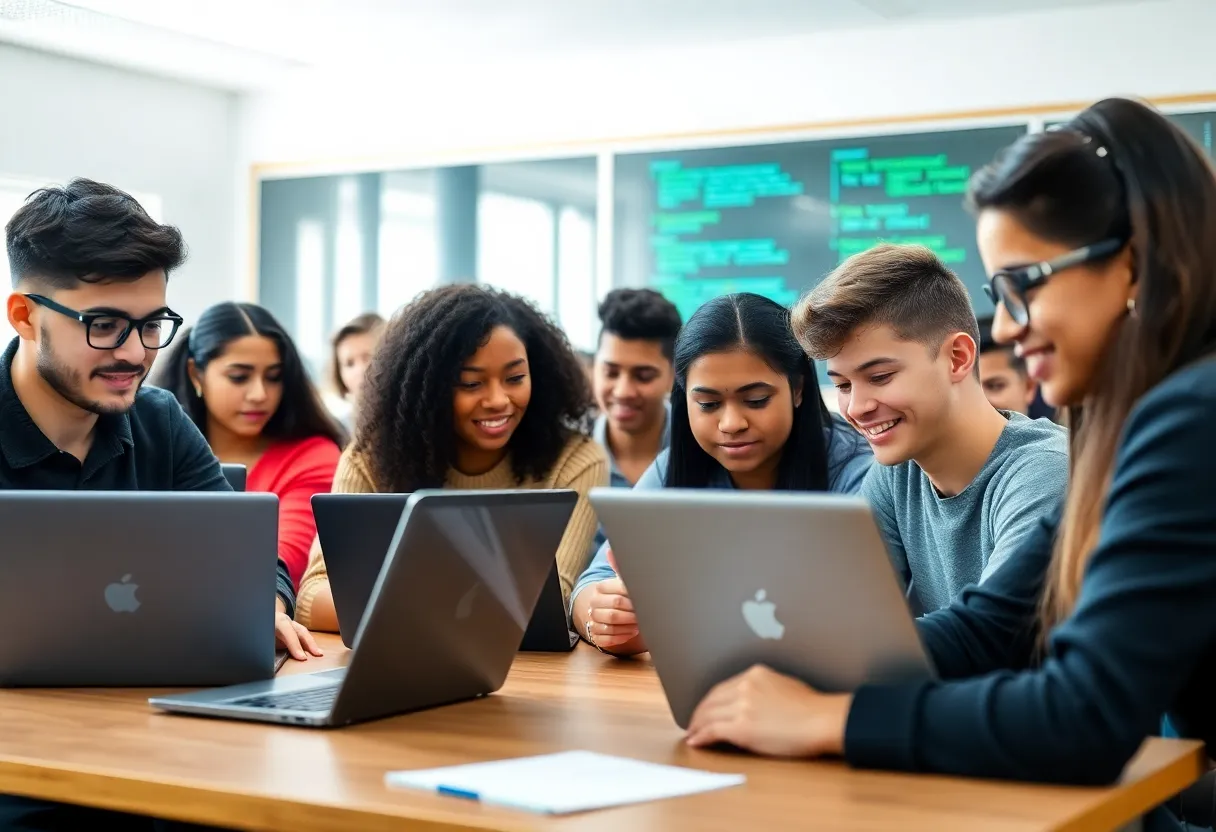 Students learning app development at CCS with Apple laptops