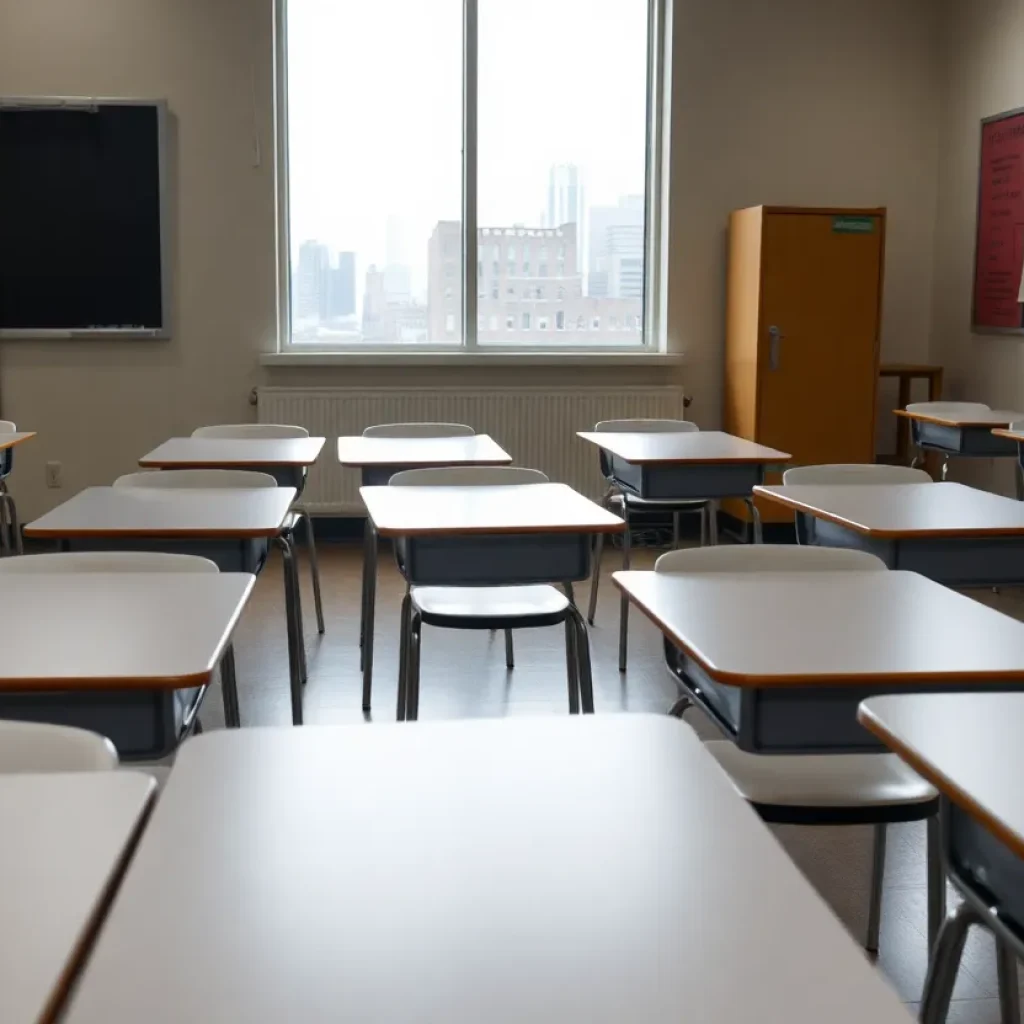 Empty classroom desks in Detroit symbolizing chronic absenteeism crises.