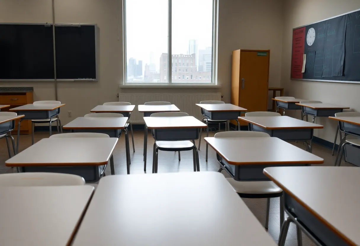 Empty classroom desks in Detroit symbolizing chronic absenteeism crises.