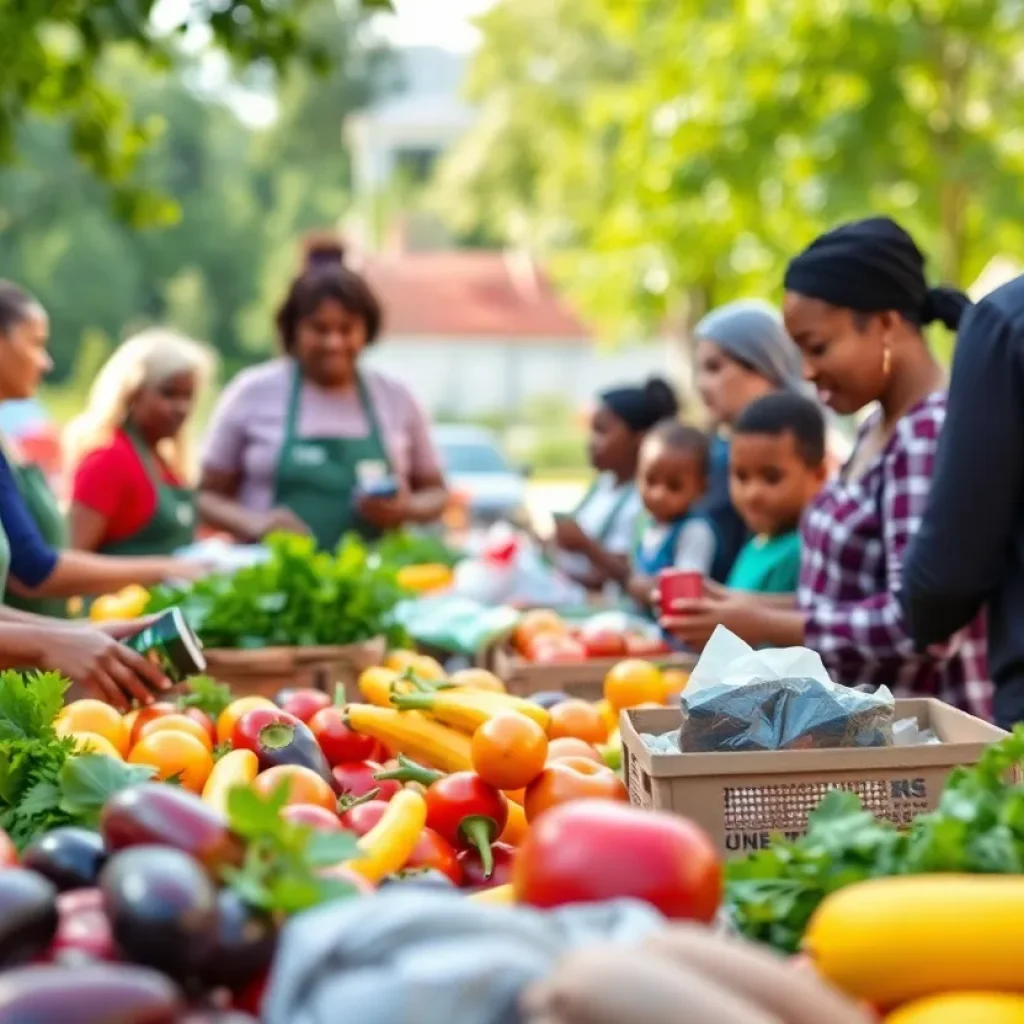 Volunteers distributing food to families in need at a local food bank.