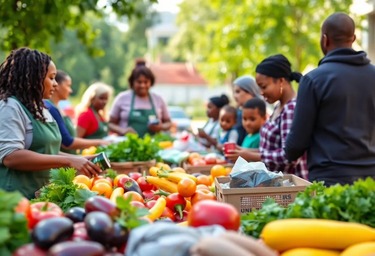 Volunteers distributing food to families in need at a local food bank.