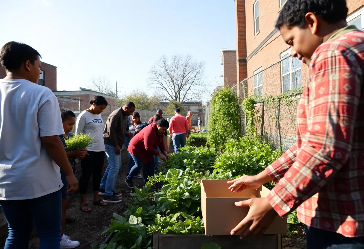 Community members working in a garden in Detroit.