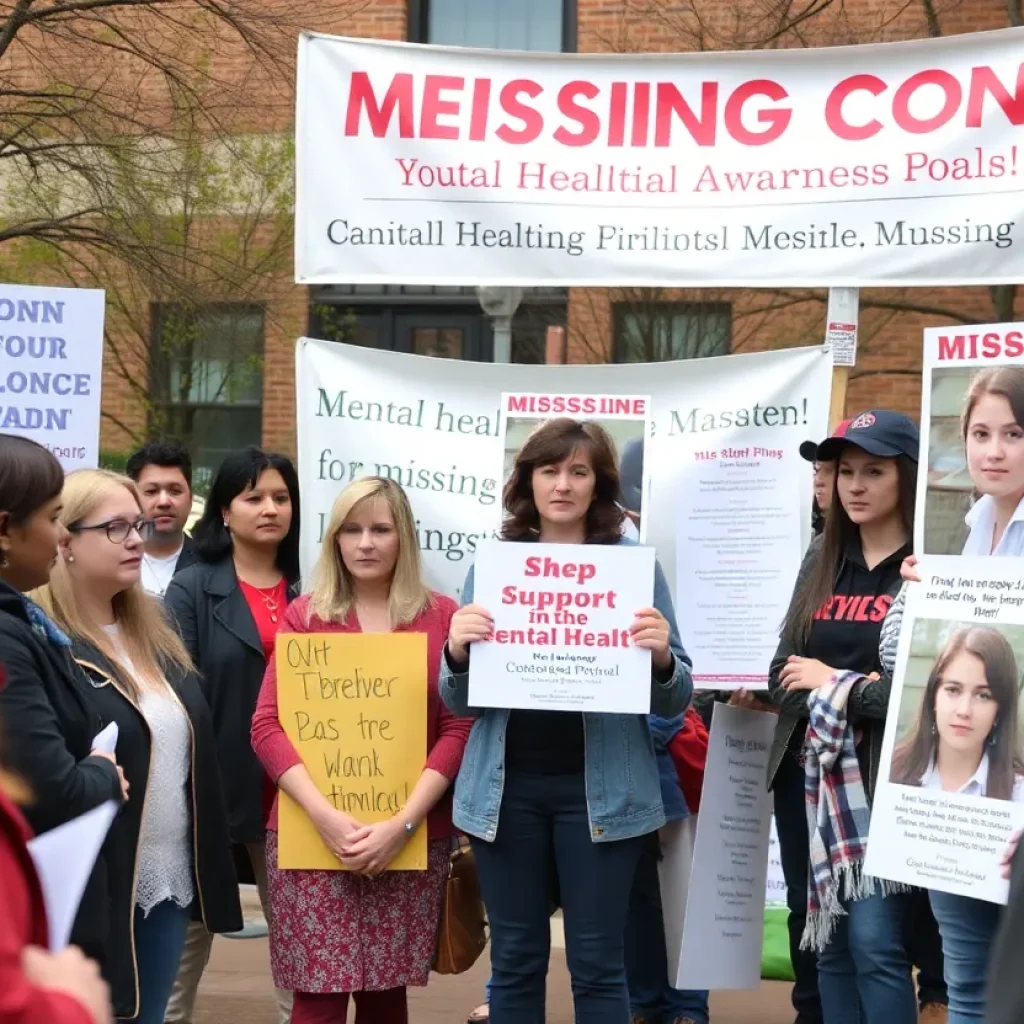A community gathering addressing the search for a missing teenager and promoting mental health awareness.