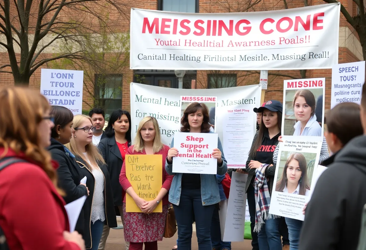 A community gathering addressing the search for a missing teenager and promoting mental health awareness.