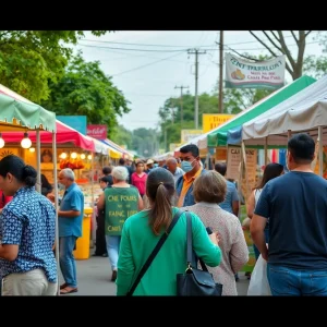 Vibrant community market with local vendors promoting local spending.