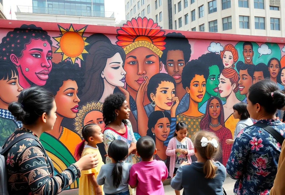 Individuals of different ages in an art workshop creating a mural in Detroit.