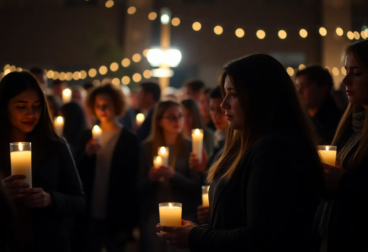 A community gathering with candles for a missing person
