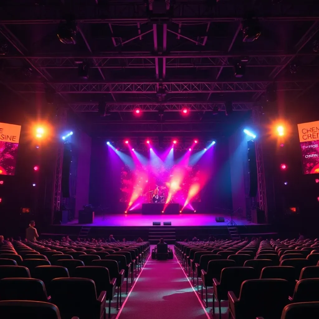 Empty concert stage with colorful lights
