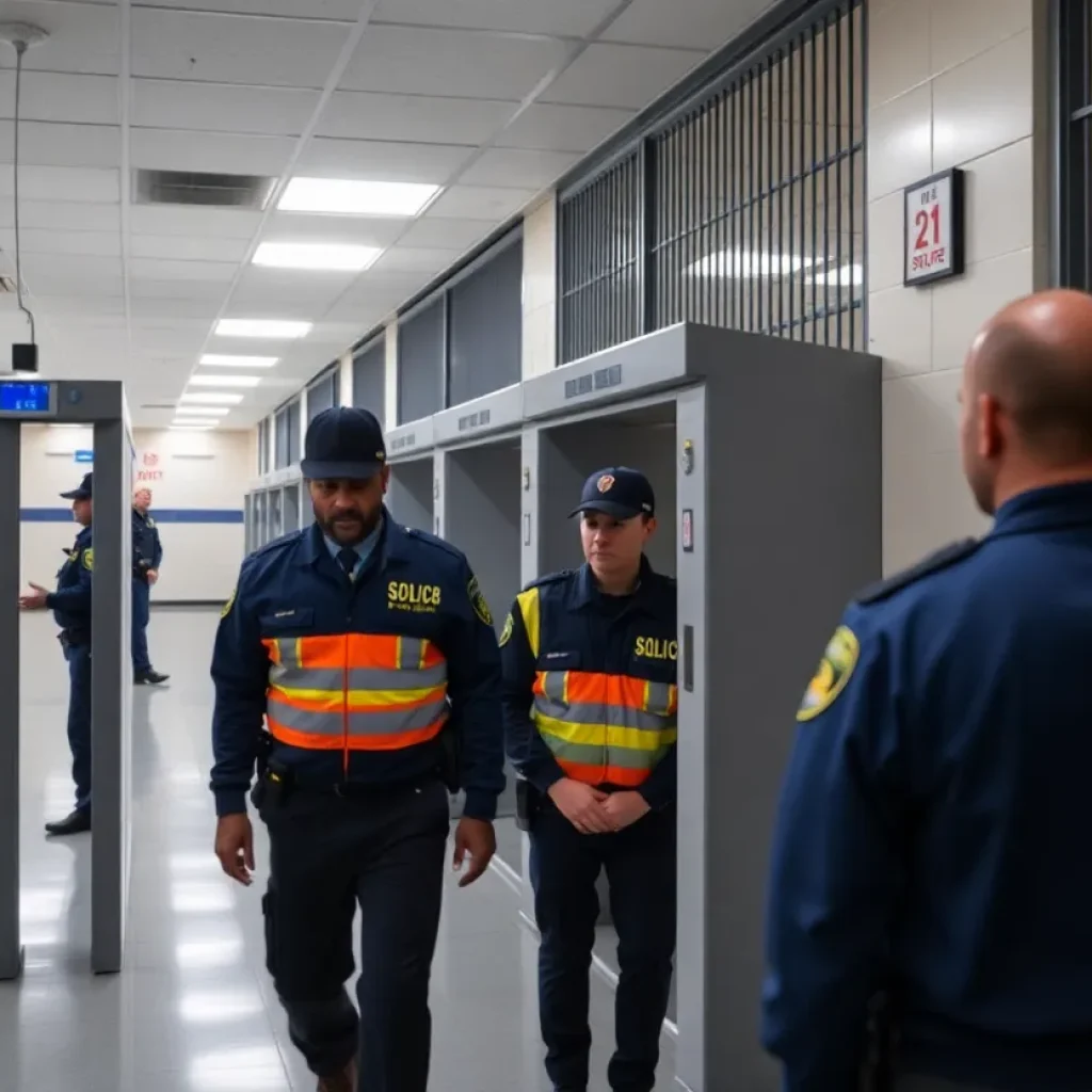 Enhanced security in a correctional facility with body scanners and officers.