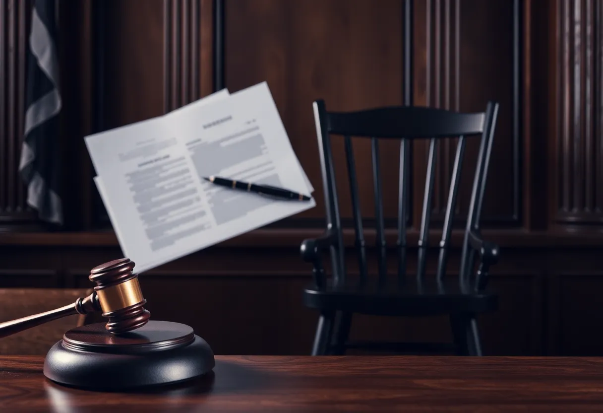 A courtroom scene depicting legal proceedings related to financial fraud.