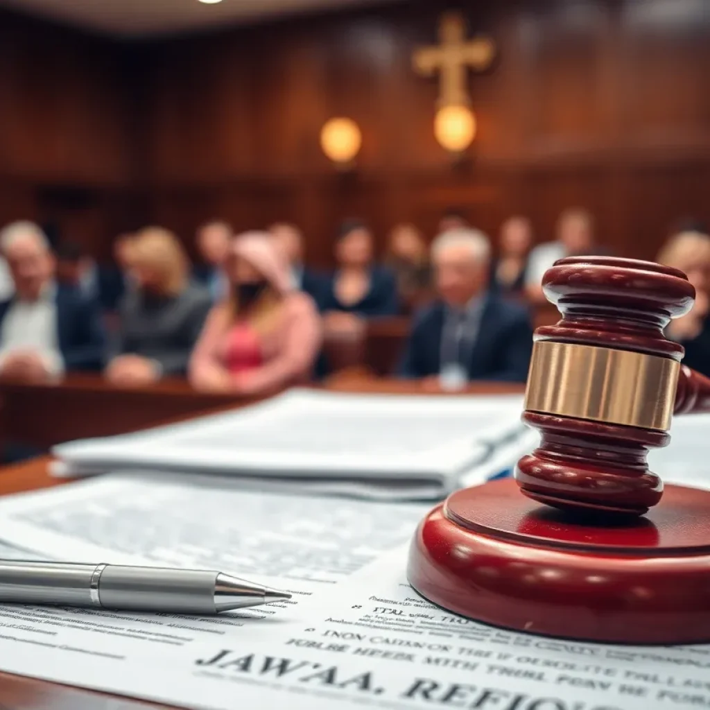 A courtroom setting capturing the atmosphere of a murder trial.