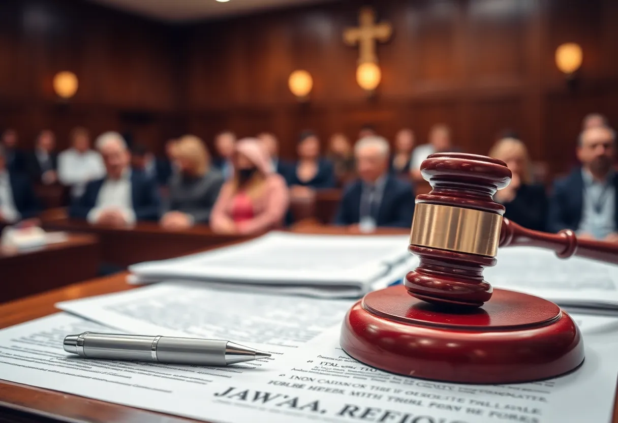 A courtroom setting capturing the atmosphere of a murder trial.