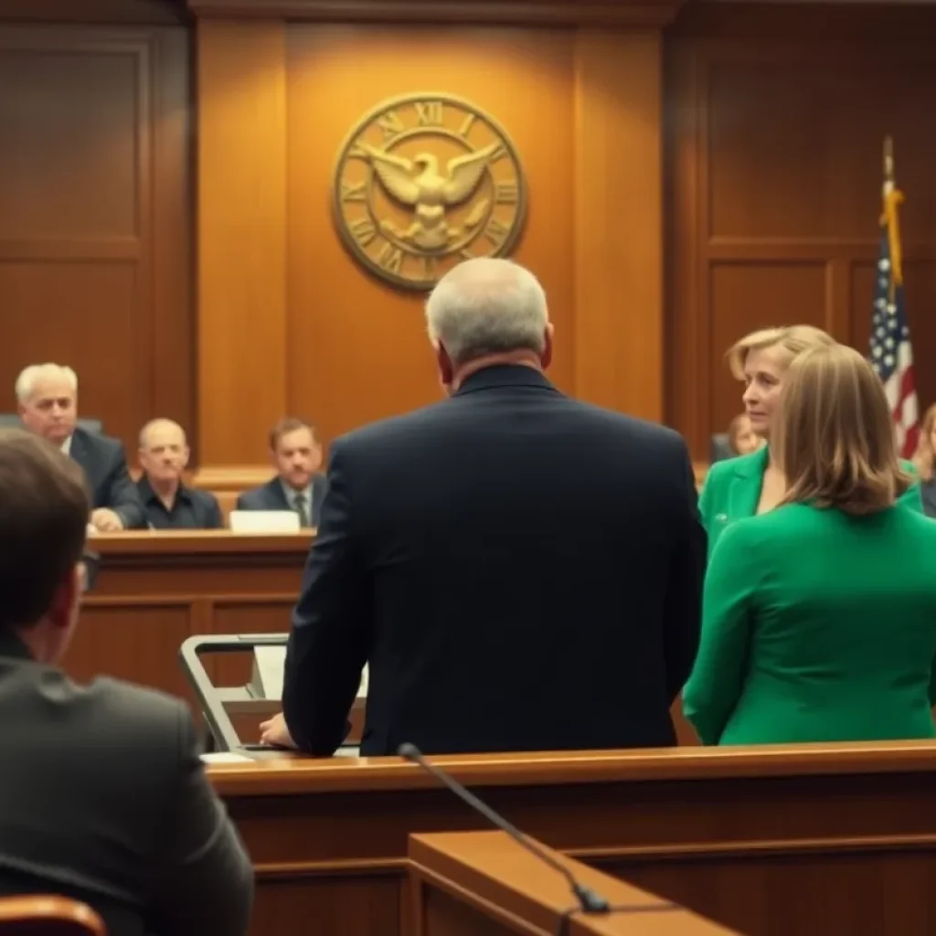 Courtroom with judges and lawyers discussing a voter intimidation case.