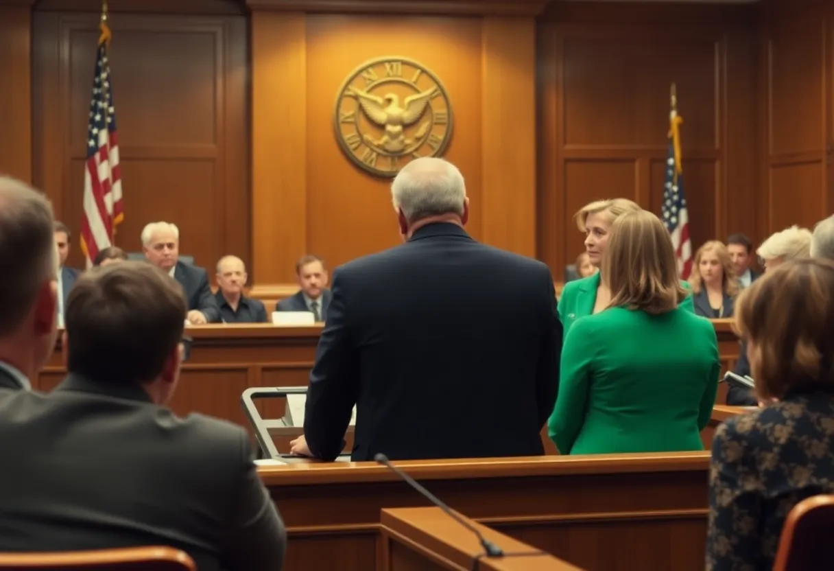 Courtroom with judges and lawyers discussing a voter intimidation case.