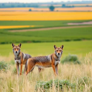 Coyotes in a Michigan landscape with agricultural fields