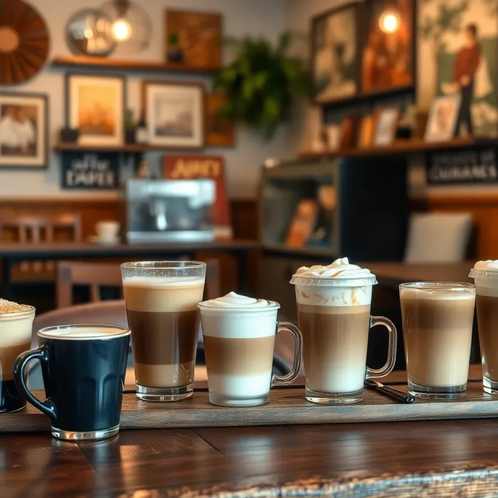 Interior of Deer Camp Coffee Roasting with coffee drinks on a table