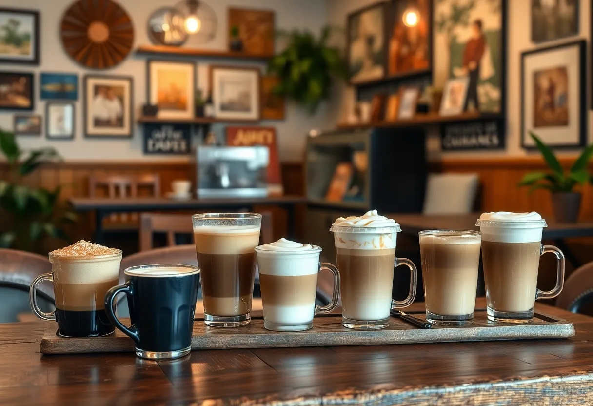 Interior of Deer Camp Coffee Roasting with coffee drinks on a table