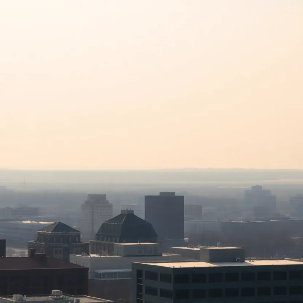 Hazy skyline of Detroit due to air pollution from wildfires