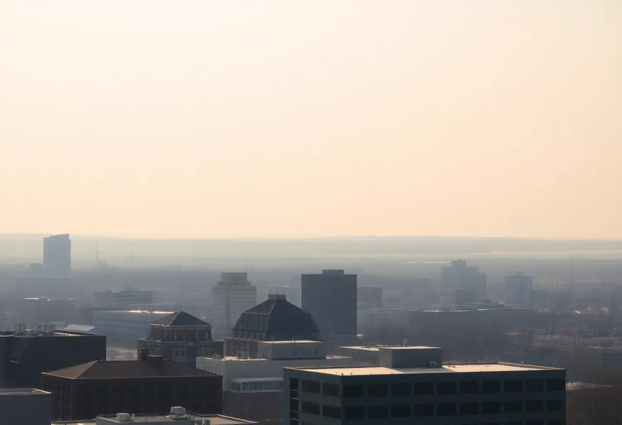 Hazy skyline of Detroit due to air pollution from wildfires
