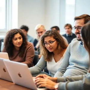 Participants learning app development in a classroom setting with Apple laptops.