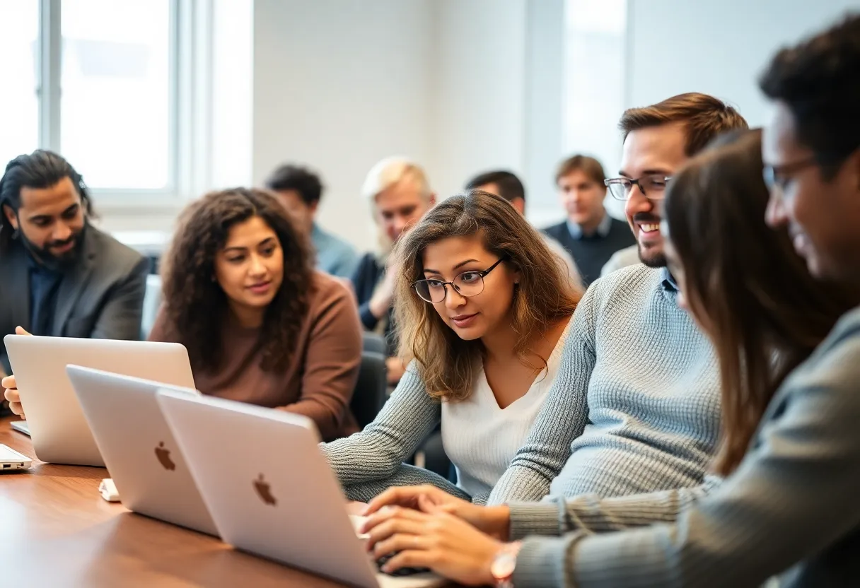 Participants learning app development in a classroom setting with Apple laptops.