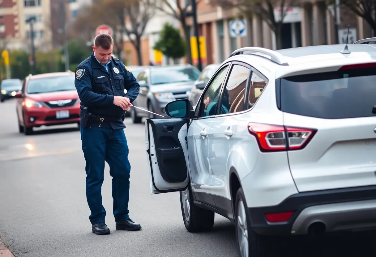 Police examining a white Ford Escape involved in an auto theft case