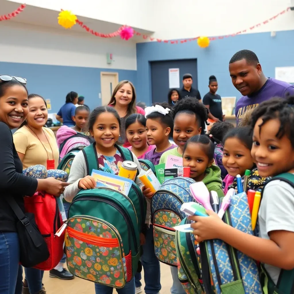 Families at the Detroit Back to School Bash receiving backpacks filled with supplies.