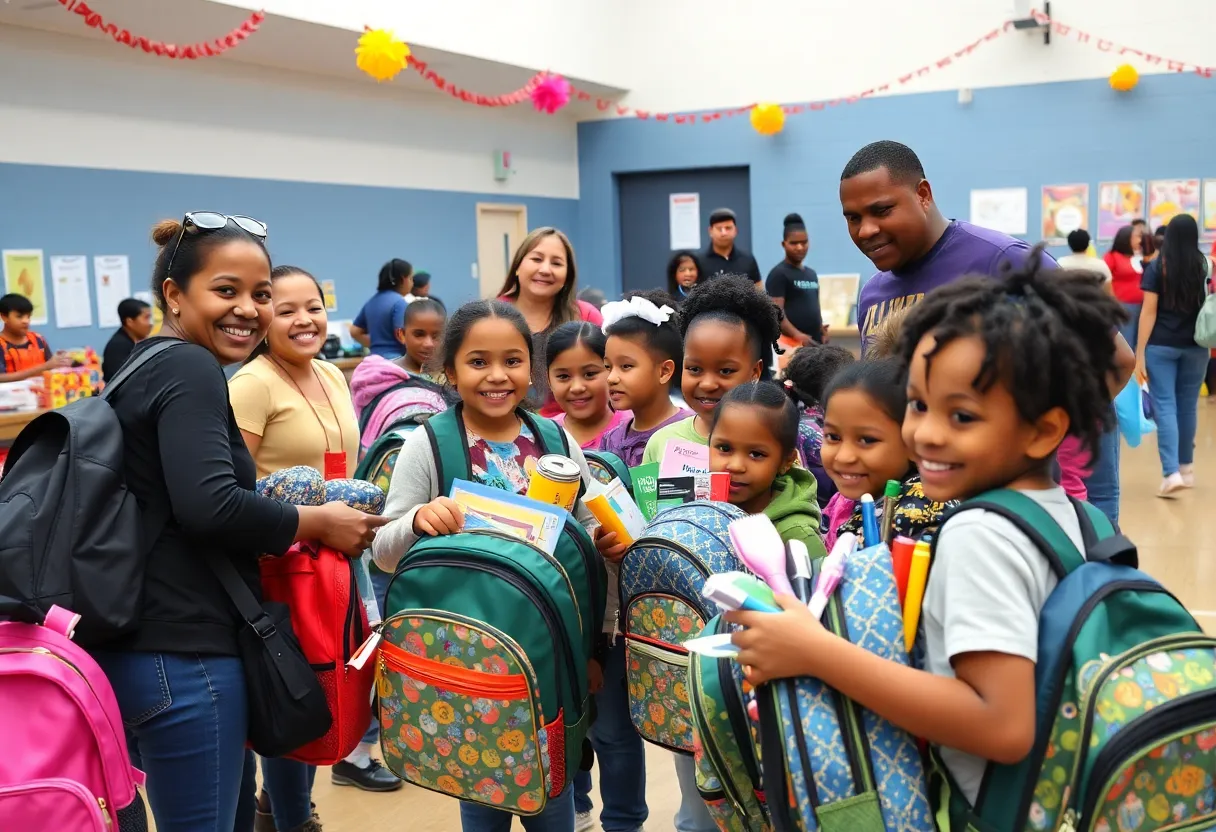 Families at the Detroit Back to School Bash receiving backpacks filled with supplies.