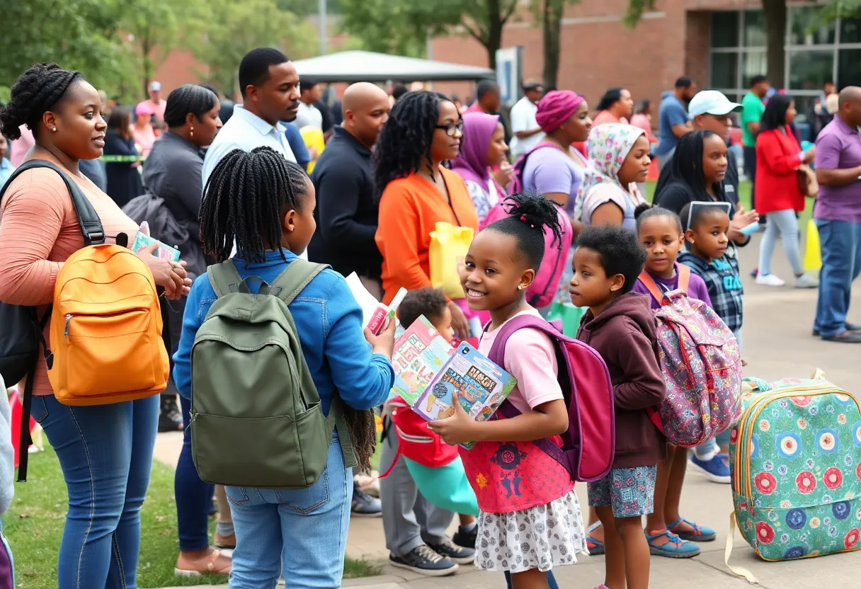 Children receiving school supplies at a Detroit back to school event