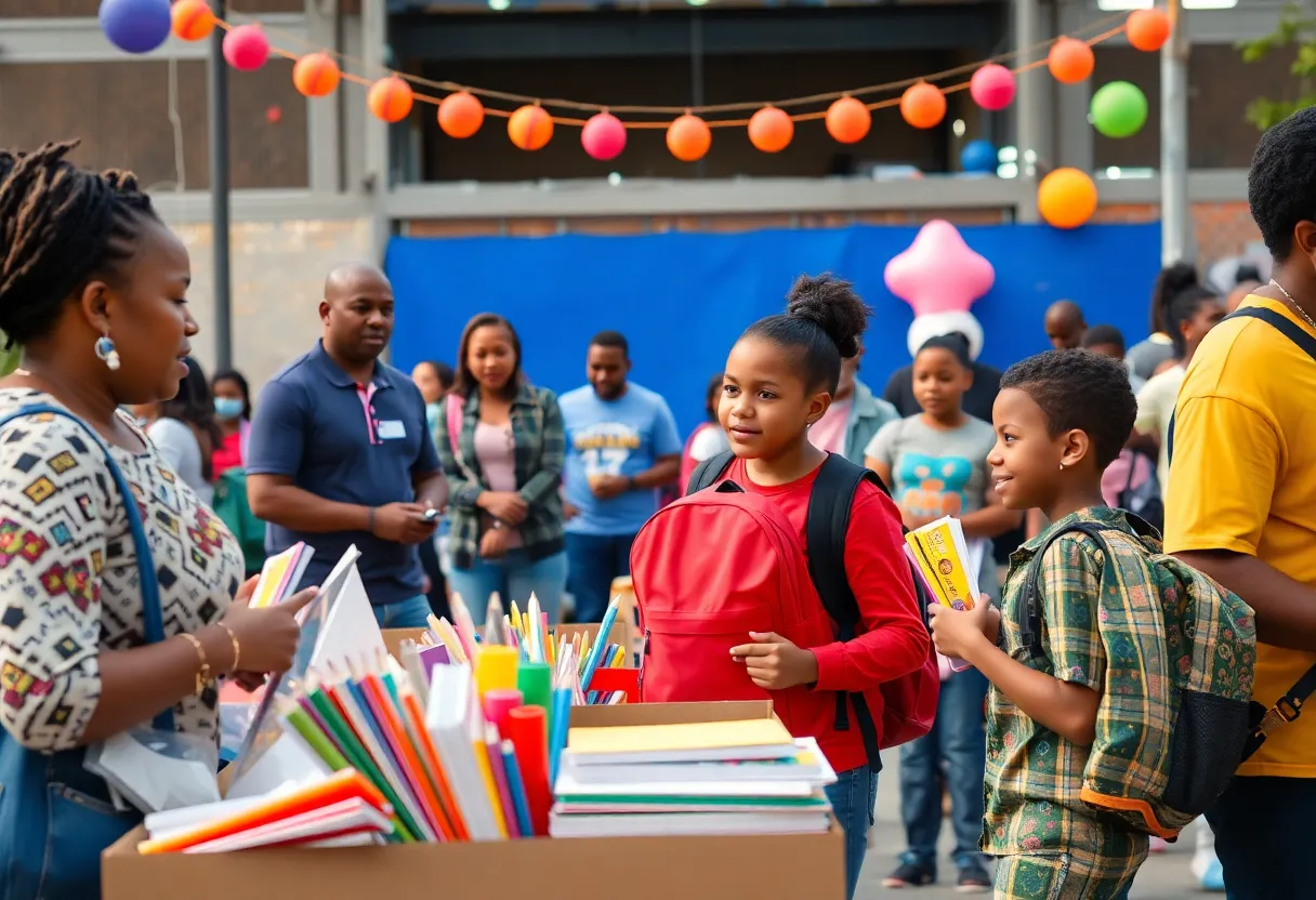 Families receiving school supplies at a Detroit back-to-school event