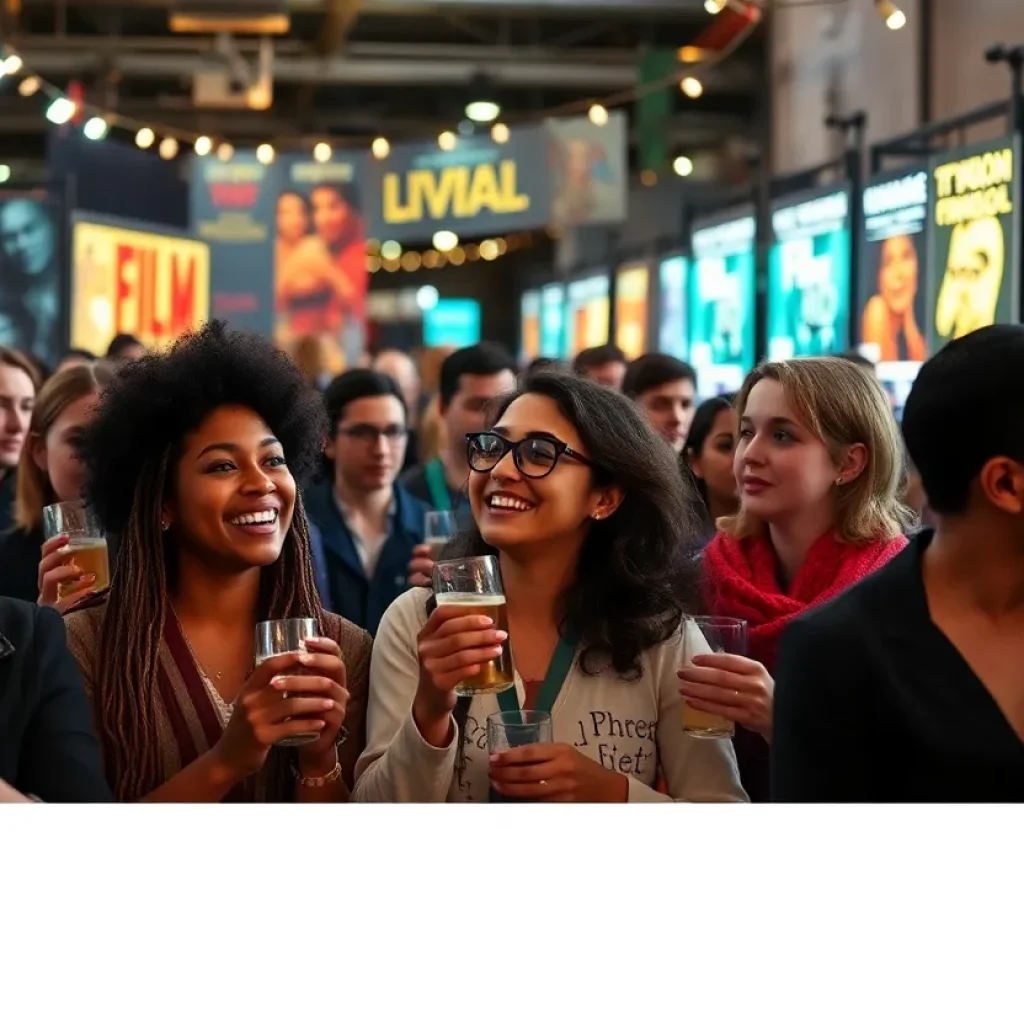 Attendees enjoying the Detroit Black Film Festival with film posters and cultural elements.