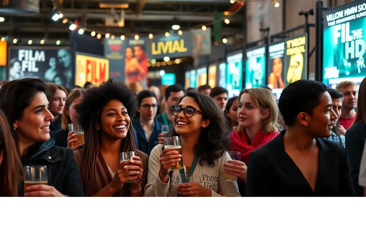 Attendees enjoying the Detroit Black Film Festival with film posters and cultural elements.