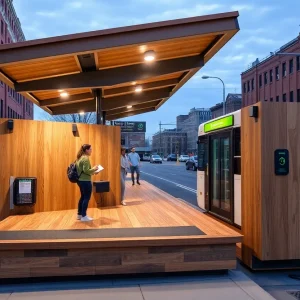 A new bus boarding platform in Detroit designed for public transportation efficiency