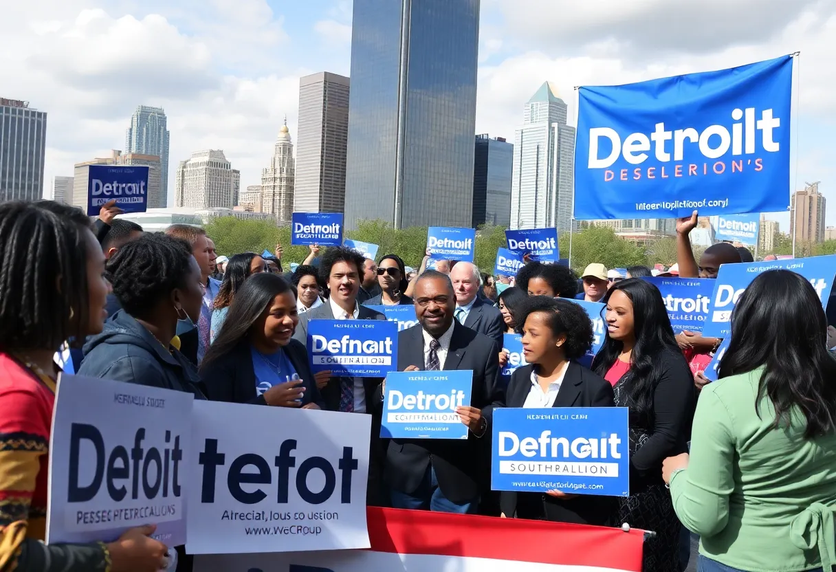 Campaign scene depicting candidates for Detroit city council engaging with community members.