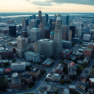 Detroit cityscape with vibrant and distressed areas