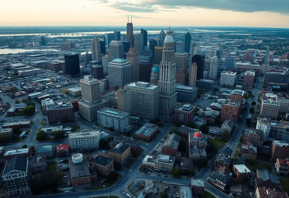 Detroit cityscape with vibrant and distressed areas