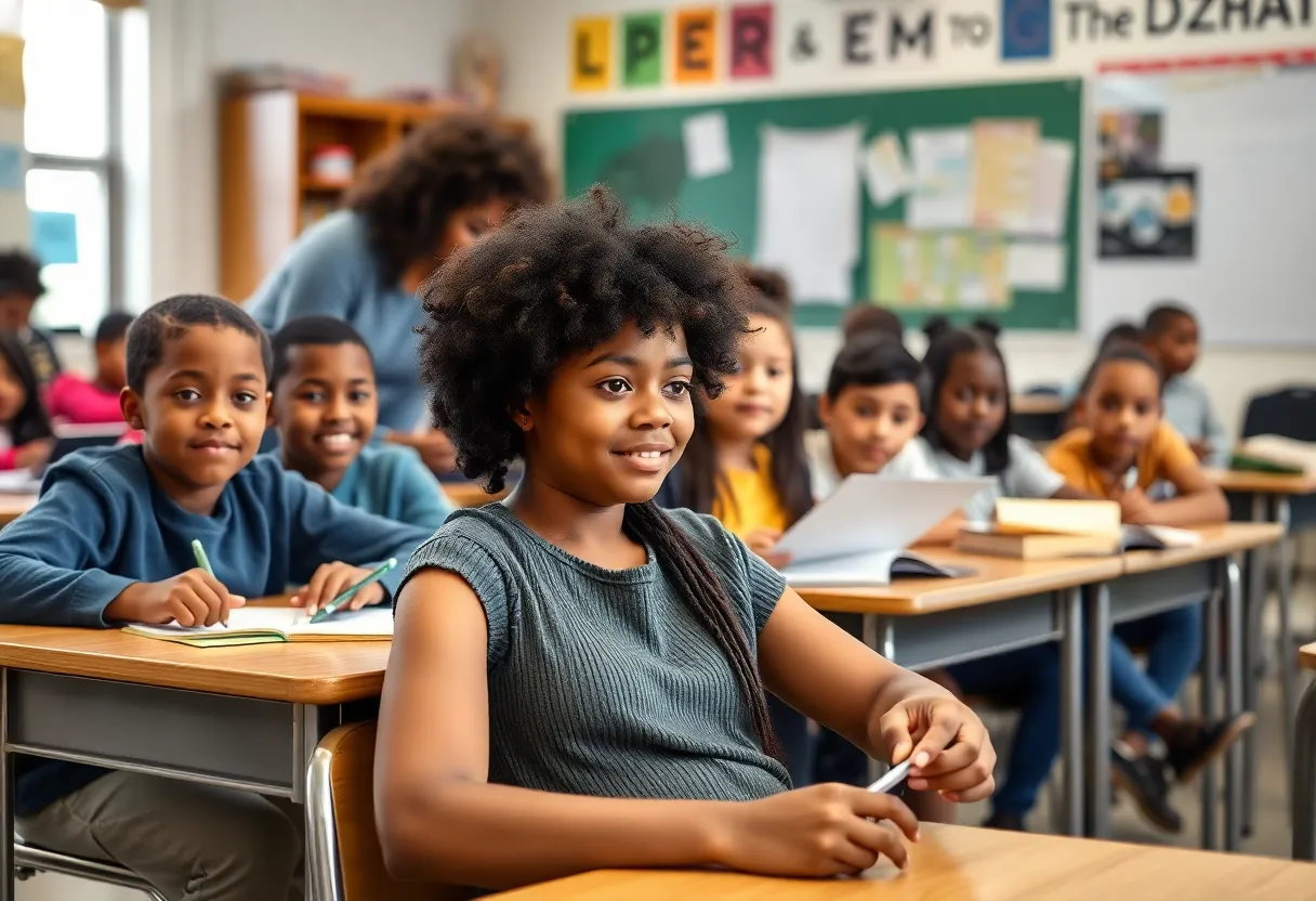 Students in a Detroit classroom participating in a group study.