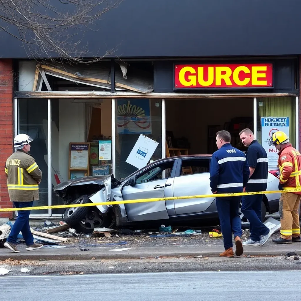 Scene of a high-speed crash with a damaged building and emergency vehicles