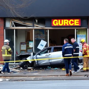 Scene of a high-speed crash with a damaged building and emergency vehicles