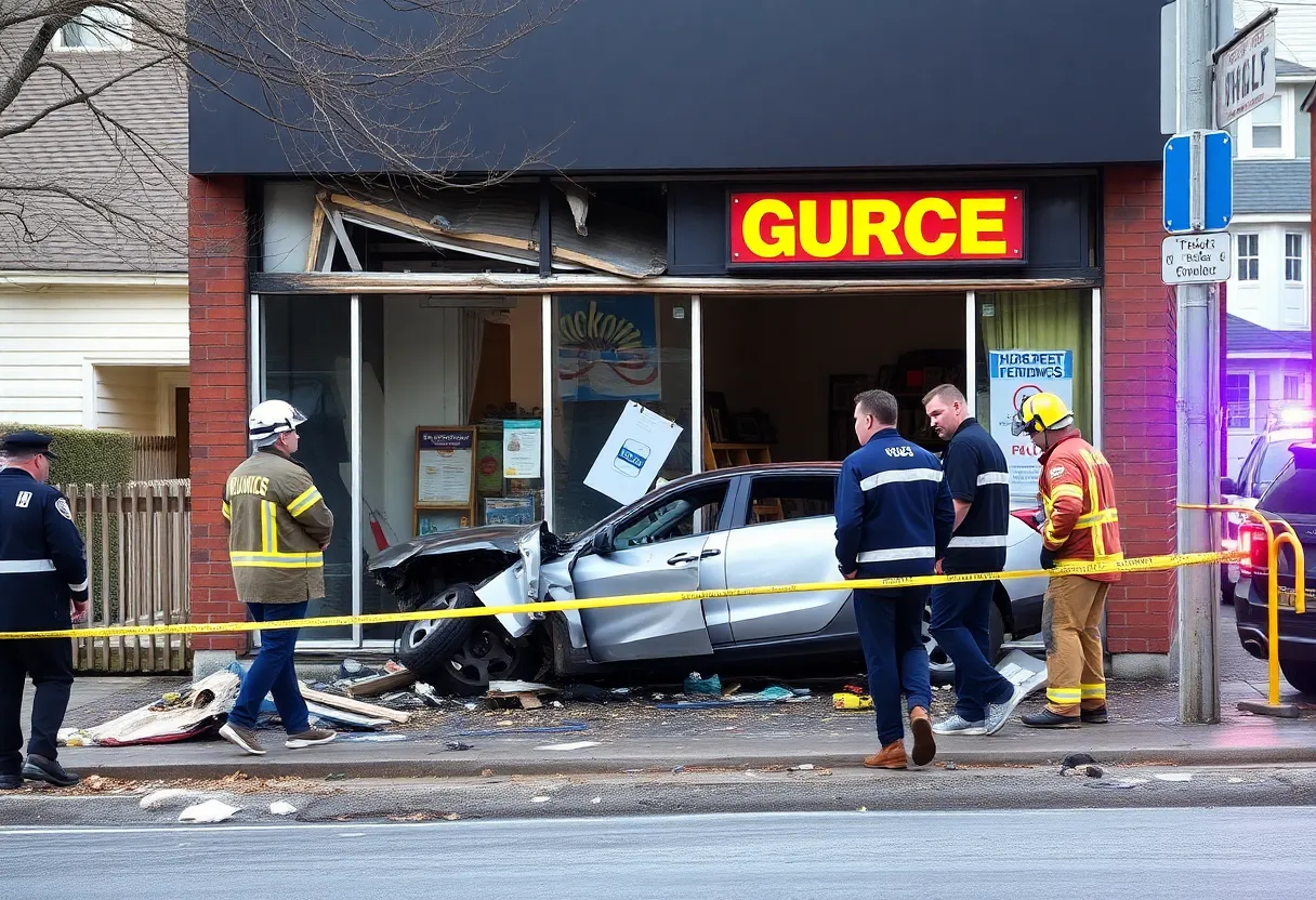Scene of a high-speed crash with a damaged building and emergency vehicles
