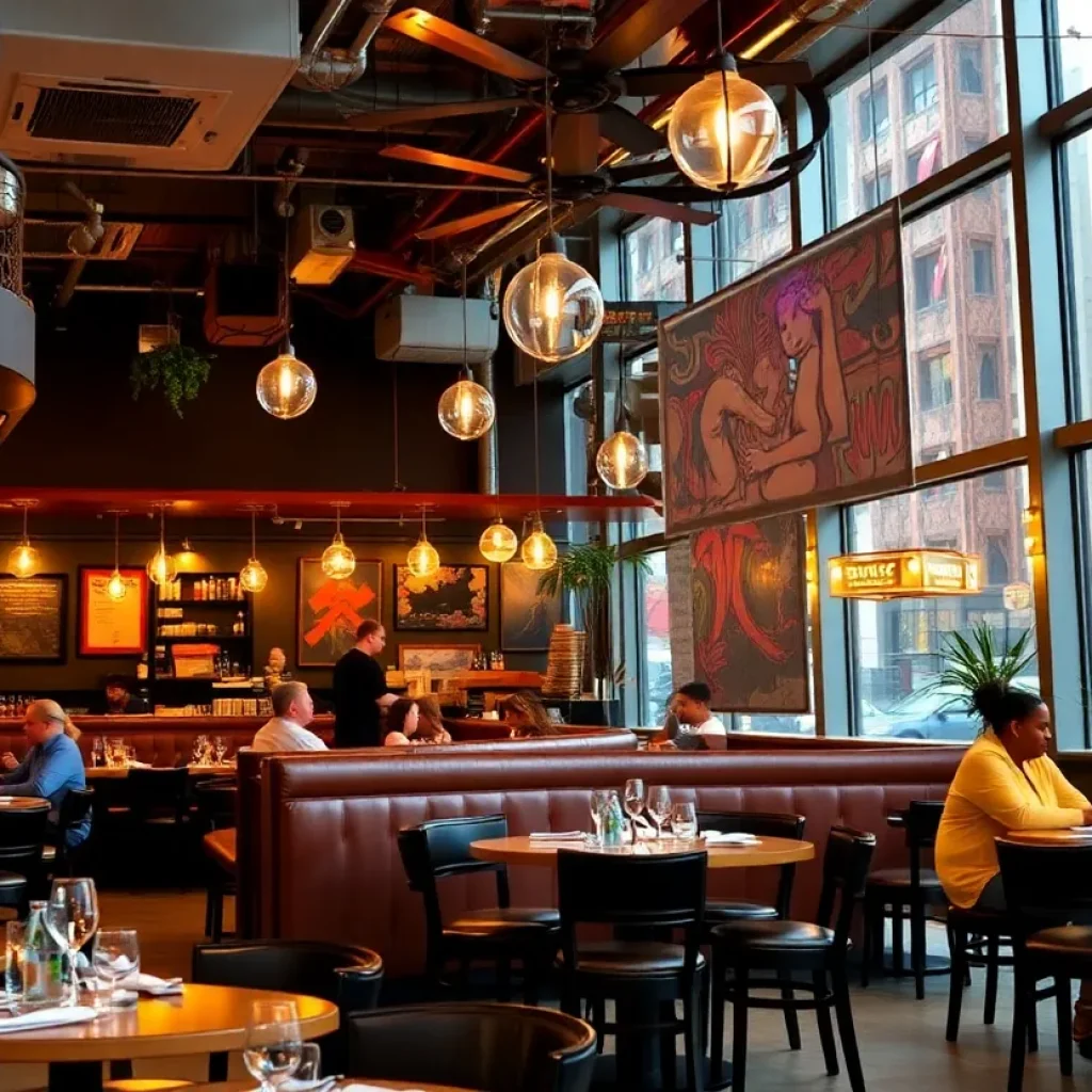 A lively scene of various restaurants in Detroit showcasing culinary diversity.