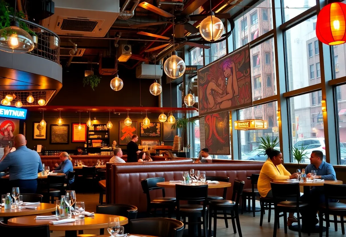 A lively scene of various restaurants in Detroit showcasing culinary diversity.