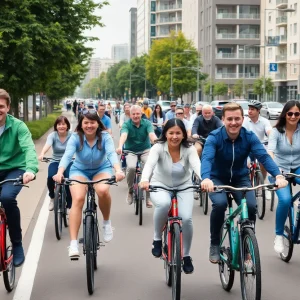 Group of cyclists riding in Detroit, showcasing urban bike lanes and greenery.