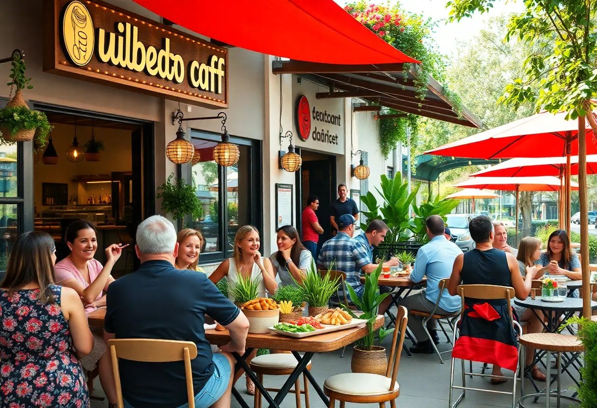 Outdoor dining scene in Detroit with diverse cuisine