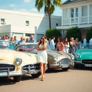 Guests enjoying the Detroit Dream Cruise Soirée with classic cars in an elegant setting.