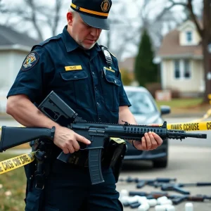 Police inspecting firearms during a drug bust in Detroit