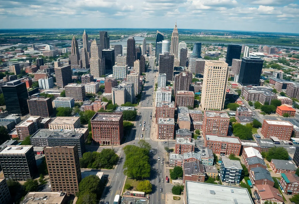 A view of Detroit highlighting economic disparities between revitalized and neglected areas.